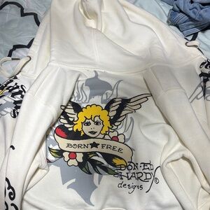 Ed Hardy cropped Cream Hoodie with Graphic Design